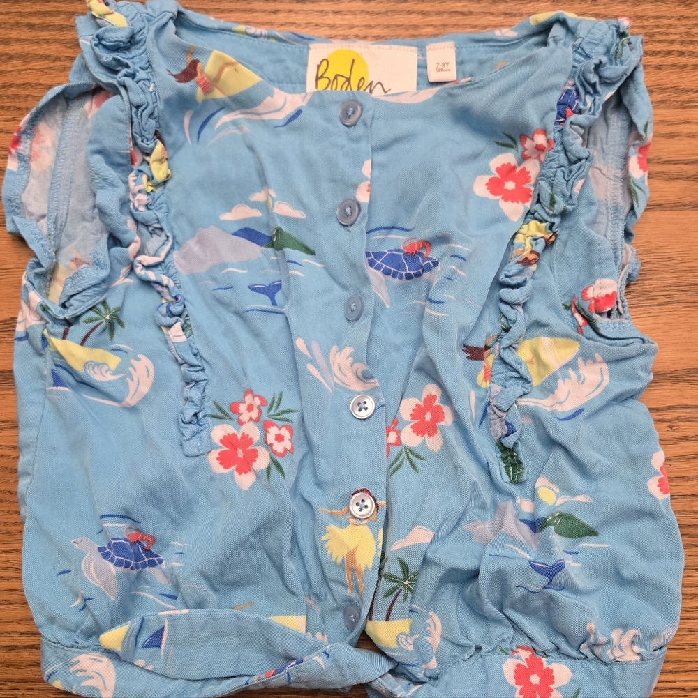 Mini Boden ocean blue tropical crop top - floral and palm tree. Girls size 7-8.